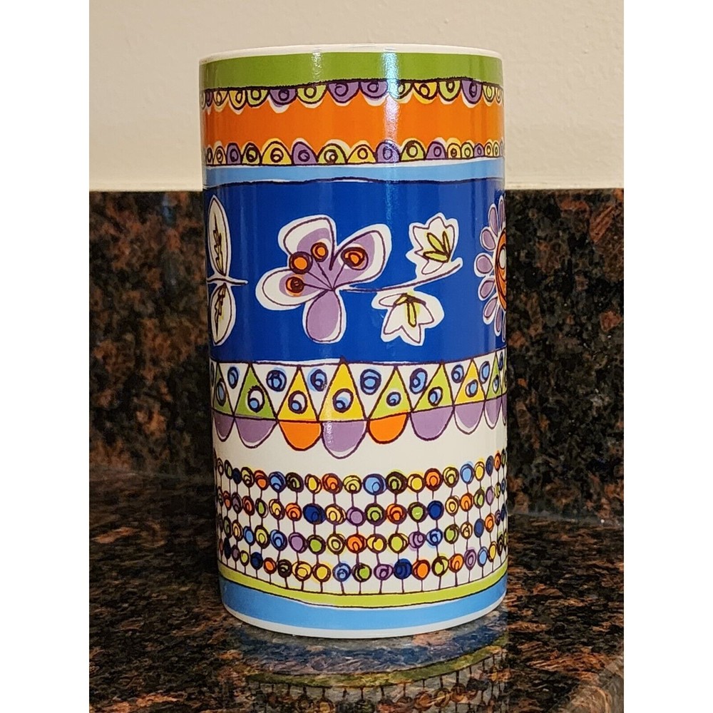 Rare Pier 1 Porcelain Mug Colorful Floral Blue Orange Purple Green 6" Tall - Picture 6 of 9